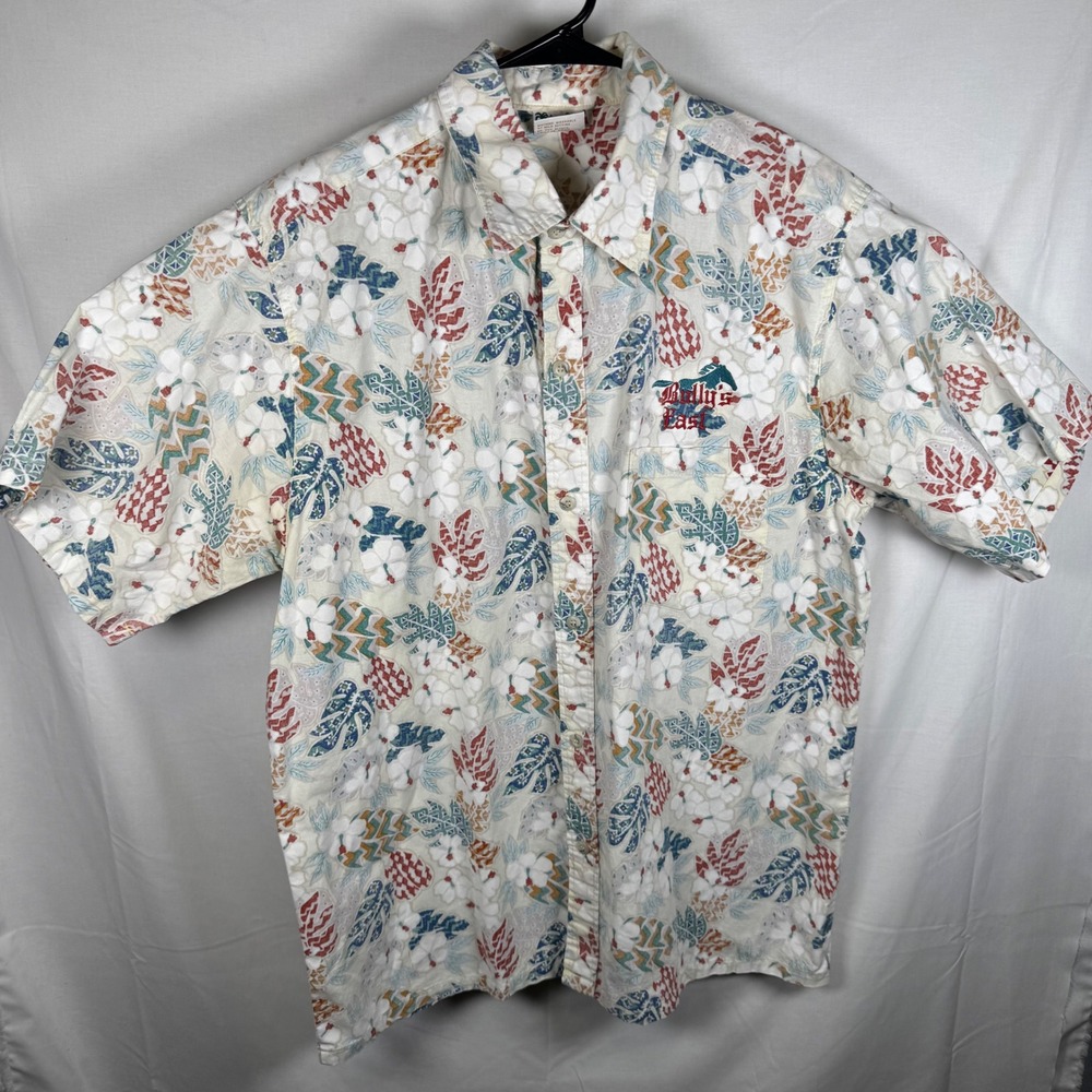 VintageGo Barefoot Shirt Mens XL Cream Floral Hawaiian Cotton USA VTG Bully East